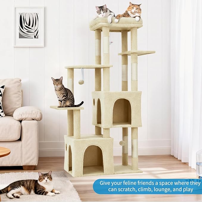 61" Multi-Level Cat Tree Tower for Large Indoor Cats & Maine Coons – Extra-Large Perch, 2 Spacious Condos, Robust Sisal Scratching Posts, Play Toys, Stable Modern Playground - Beige