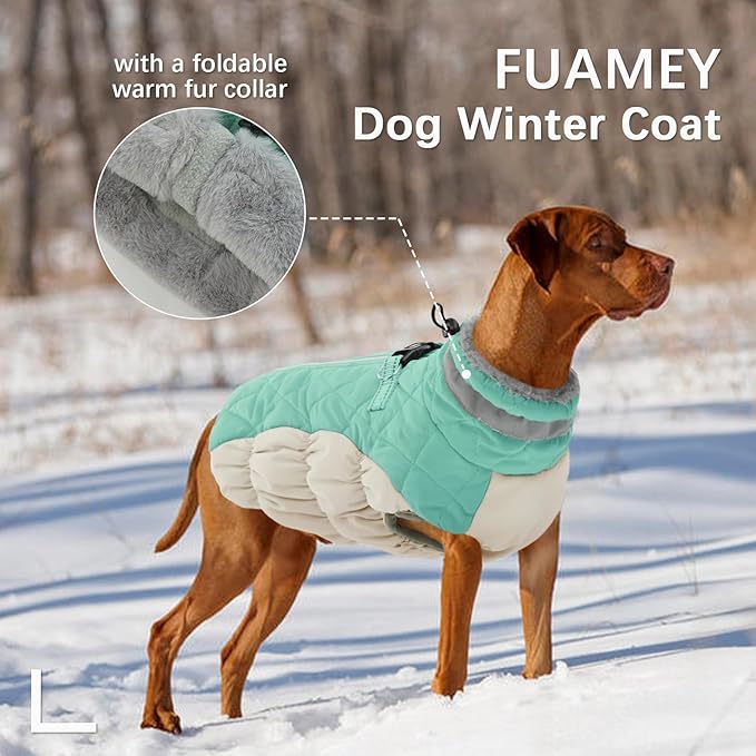 FUAMEY Dog Coat for Large Dogs,Waterproof Dog Winter Jacket with Harness Built in Puppy Cold Weather Coats Reflective Pet Vest with Zipper Warm Fleece Dogs Snowsuit Windproof Mint Green XXL