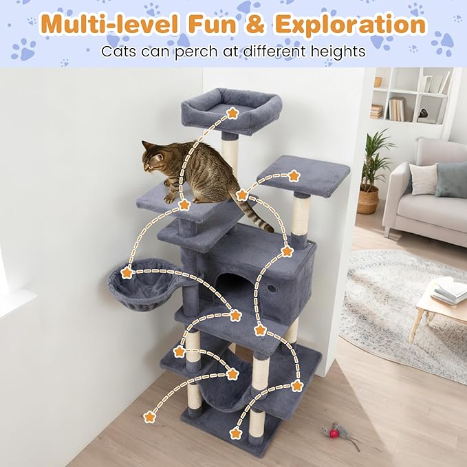 Tangkula Tall Cat Tree, 63 Inch Large Cat Tower with Sisal Scratching Posts, Plush Top Perch, Condo, Hammock, Basket Bed, Dangling Balls & Jumping Platforms for Indoor Cats Large Adult (Dark Grey)