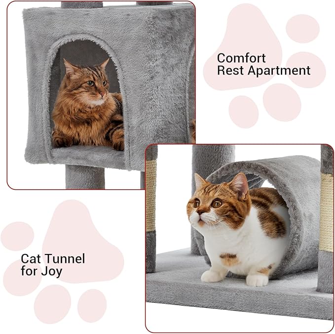 GarveeHome 67 in Cat Tree for Large Cats, Features Scratching Post, Cat Condo, Platforms, Tunnel, Hammock, Food Station & Bowls – Ideal for Indoor Cats, Light Gray