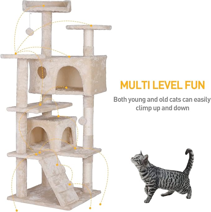 ZENY 55 inches Cat Tree with Sisal-Covered Scratching Posts and 2 Plush Rooms Cat Furniture for Kittens