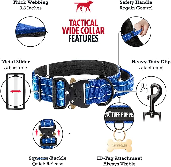 Tuff Pupper Tactical Dog Collar with Handle | Heavy Duty Adjustable Dog Collar | Military Nylon Collar for Medium Dogs | Quick-Release Buckle | Soft Padded Comfort | Training Control (Blue, Medium)