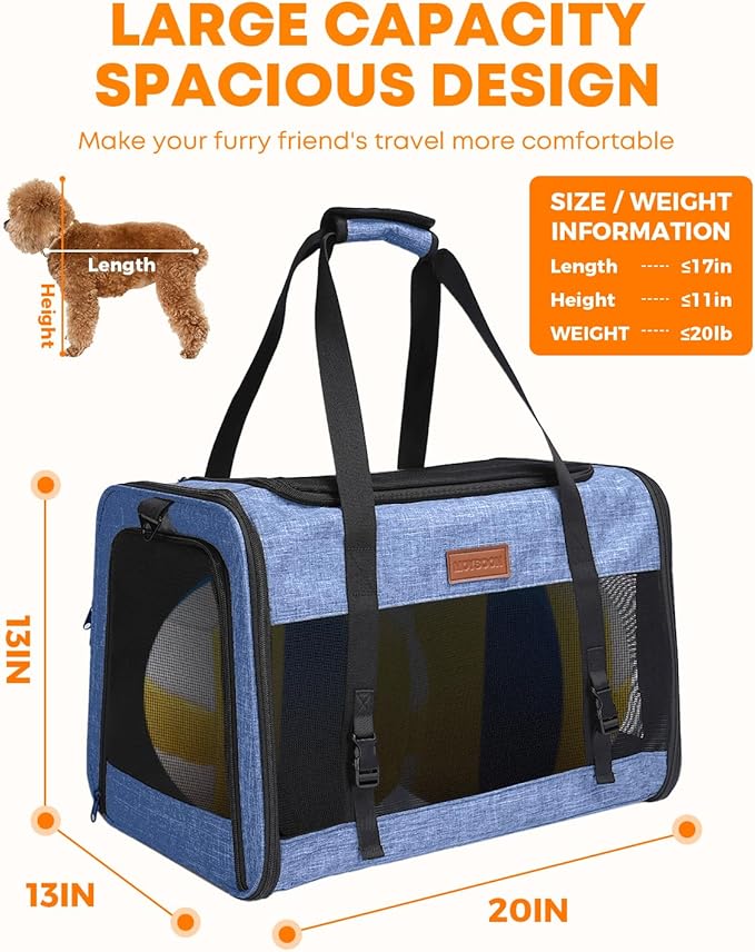 Large Cat Dog Carrier for Pet Up to 20 Lb - 20×13×13 in, Top & Side Entry, Foldable, Soft-Sided Pet Carrier with Ventilated Anti-Scratch Mesh & Car Seat Buckle for Car, Travel and Vet - Blue