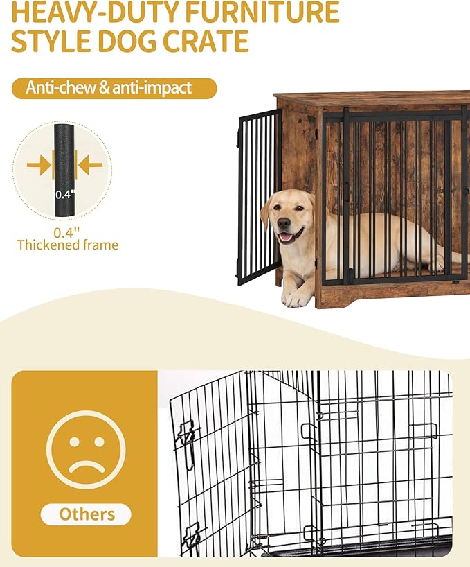 43.3" Dog Crate Furniture with Barn Door, Heavy Duty Dog Kennel Indoor with 2 Doors, Wooden Pet Cage End Table for Large Small Medium Dogs, Anti-Chew Anti-Escape, Rustic Brown DFC92301B