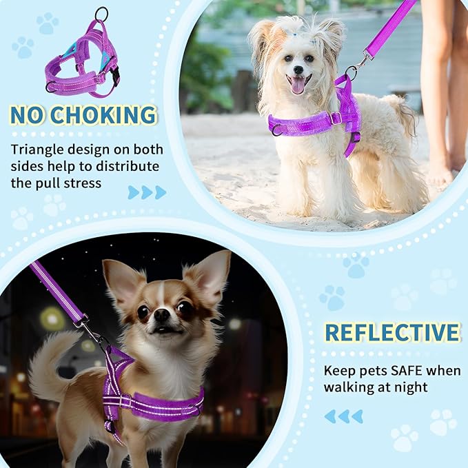 Lukovee No Pull Dog Harness and Leash Set, Soft Padded Small Dog Harness, Neck & Chest Adjustable Reflective Vest Puppy Harness with 4ft Lightweight Anti-Twist Dog Leash for Small Dogs (Purple, M)