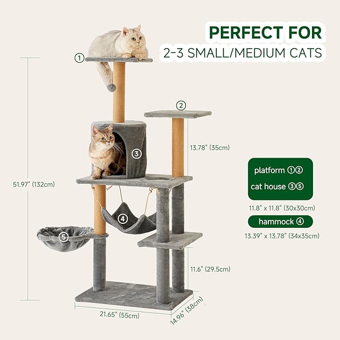 Multi-Level Cat Tree Tower, 132cm Tall, Grey Plush with Condo, Hammock, Platforms, Sisal Posts, 55x38cm Base