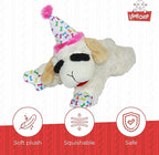 Multipet Lamb Chop Dog Plush Toy w/Birthday Hat - Squeaky Toy for All Dogs - Soft Plush - Stuffed Animal Dog Toys for Playing - Cute Birthday Toy (10.5”, Pink Hat, 5 Squeakers)