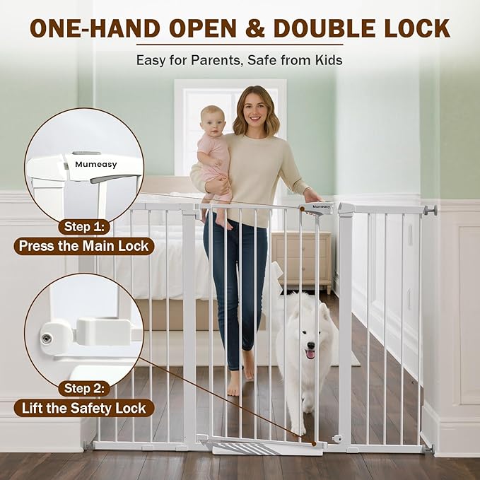 Mumeasy 36" Extra Tall Baby Gate for Doorways, 29.7"-57" Extra Wide Dog Gate for Stairs, Pressure Mounted Auto Close Pet Safety Gate with Easy Walk Thru Door, Large Indoor Child Gate for House, White
