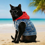 Cool Dog Jean Jacket Vest with D-Ring Blue Denim Dogs Hoodies Outfits for Small Medium Dogs Cats Boy Male Dog Clothes Costume Dogggie Puppy Harness Coat for Frenchie Walking(Red Hat,XXL)