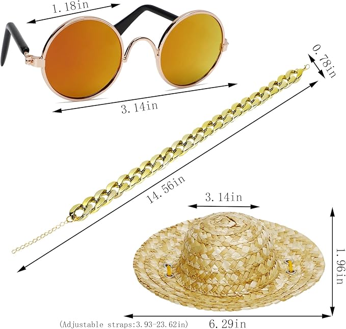 6PCS Pet Dog Cat Costume, Retro Pet Sunglasses, Adjustable Gold Chain Collar & Straw Hat, Funny Pet Accessories for Cat Puppy Small Medium Dog Birthday Cosplay Party