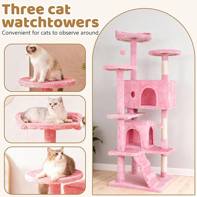 BestOffice 54 Inch Cat Tree, Multi-Level Cat Tower with Condo, Perches, Sisal Scratching Posts, Climbing Ladder,Indoor Activity Center Play House for Kittens & Adult Cats, Pink