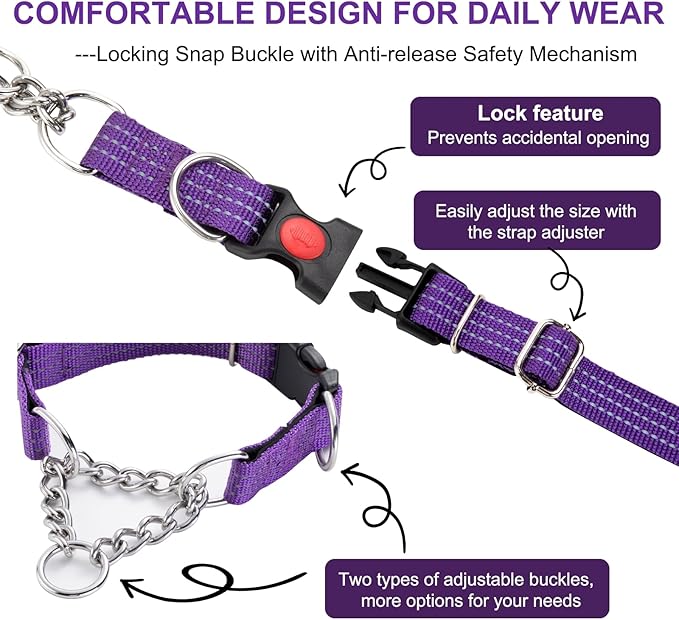 Martingale Collars,Reflective Dog Collar,Side Release Buckle,Adjustable Chain Training Pet Collars (Black, L,Neck 15"-27")