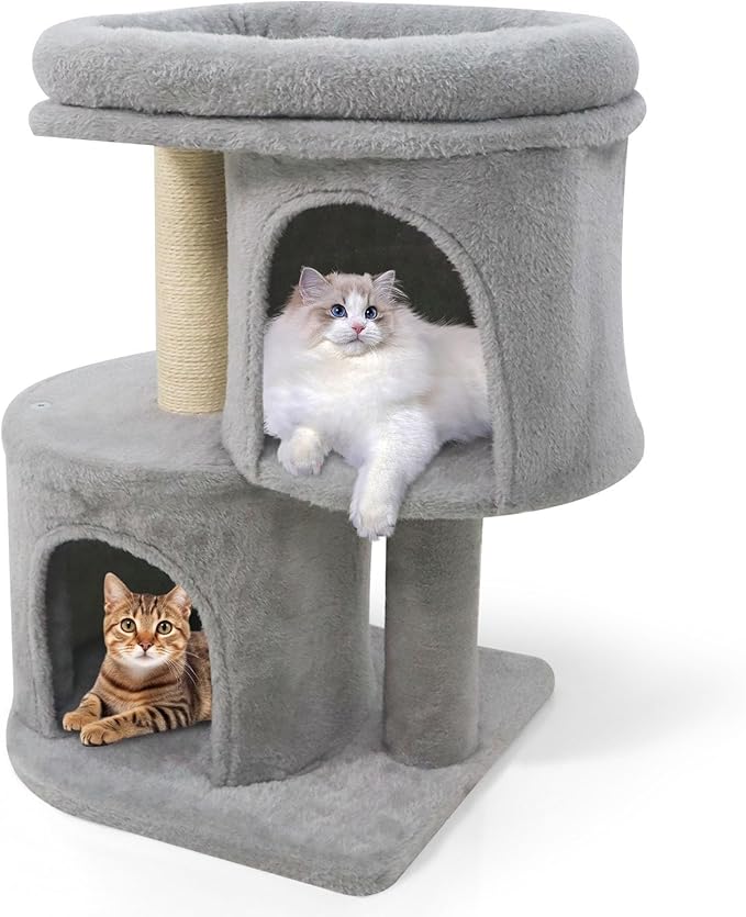 Tangkula Small Cat Tree for Indoor Cats, 26 Inch Cat Tower with Sisal Scratching Posts, Dual Cat Condos with Large Padded Push Perch, Modern Cat Climbing Furniture Activity Center (Light Grey)