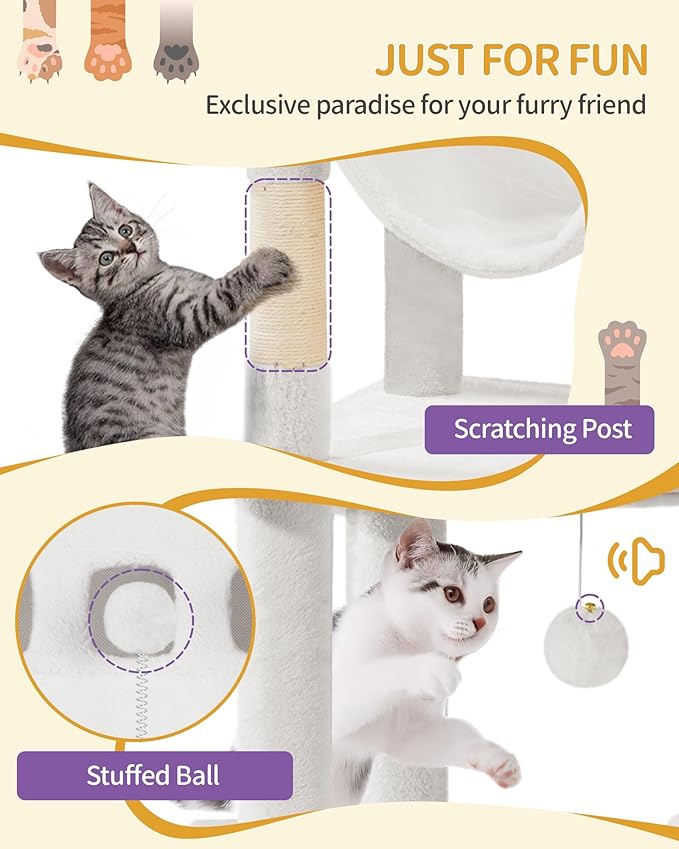 Cat Tree, 82.6" Large Cat Tower for Indoor Cats, Multi-Level Cat House with Condo, 8 Scratching Posts, Hammock, 4 Pom Poms, White MS21018WT