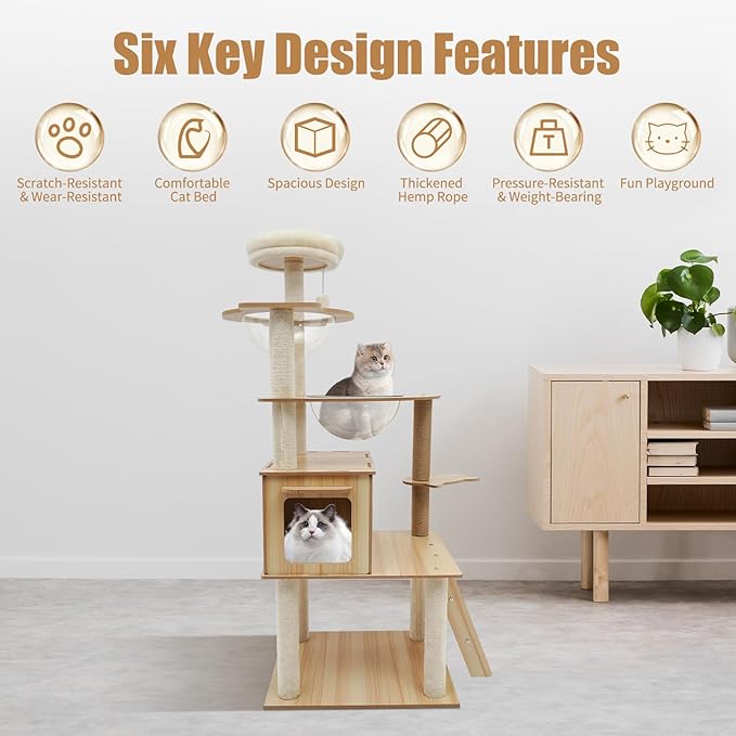 Cat Tower Floor Mount Cat Tree 55.1 in Multi-Level Cat Condos with Scratching Post and Comfortable Plush Hammock 5 Tires Cat Tree for Indoor Cats