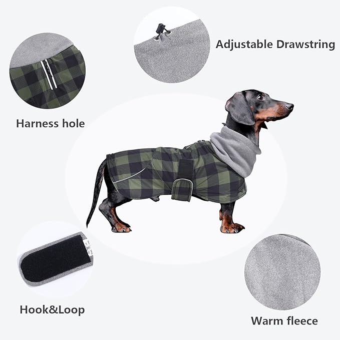 Dachshund Coats Waterproof Suitable for Dachshunds Sausage Weiner Dog Winter Coat Padded Fleece Puppy Snowsuit with Adjustable Bands Reflective Stripe - Plaid Green - M