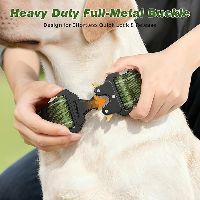 WINGOIN Tactical Dog Collar with AirTag Holder, Reflective Dog Collar for Large Dogs, Metal Buckle, Heavy Duty, Nylon Control Handle for Hunting, Training, Walking, Green, XL