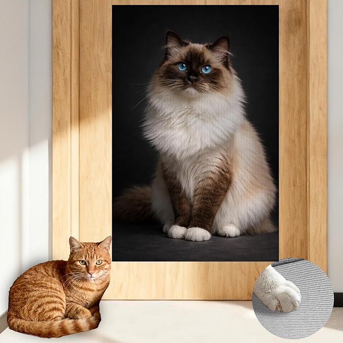 Nuxovilar Cat Wall Scratcher 15.3x23.6 Inches Polyester Synthetic Fiber, Long-Haired Blue-Eyed Cat Print, wall scratchers for Indoor Cats, Scratching mat, Home Decor, Bedroom, Reading Nook (2pcs)