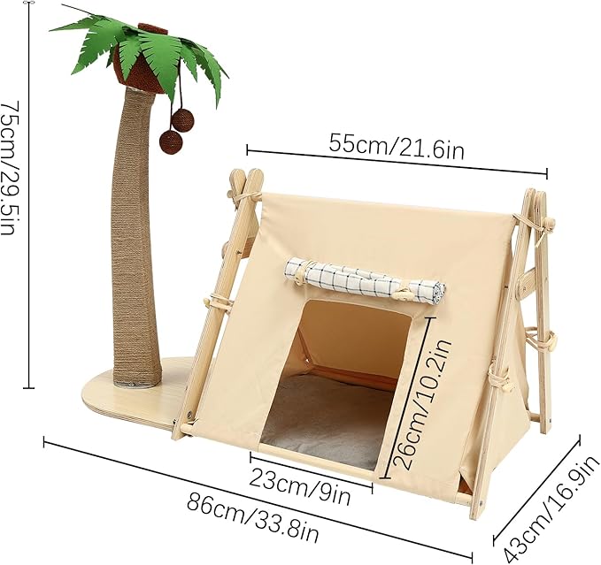 Coconut Tree Tent Cat Nest with 29.5" Scratching Post and Hanging Ball for Indoor Large Cats and Kittens