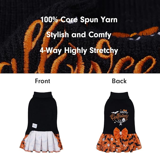 CuteBone Halloween Dog Sweater Dress for Medium Dogs Girl, Happy Halloween Embroidery Turtleneck Small Dog Sweater with Bowtie, Pet Clothing for Chihuahua Yorkie Teacup DS107XS