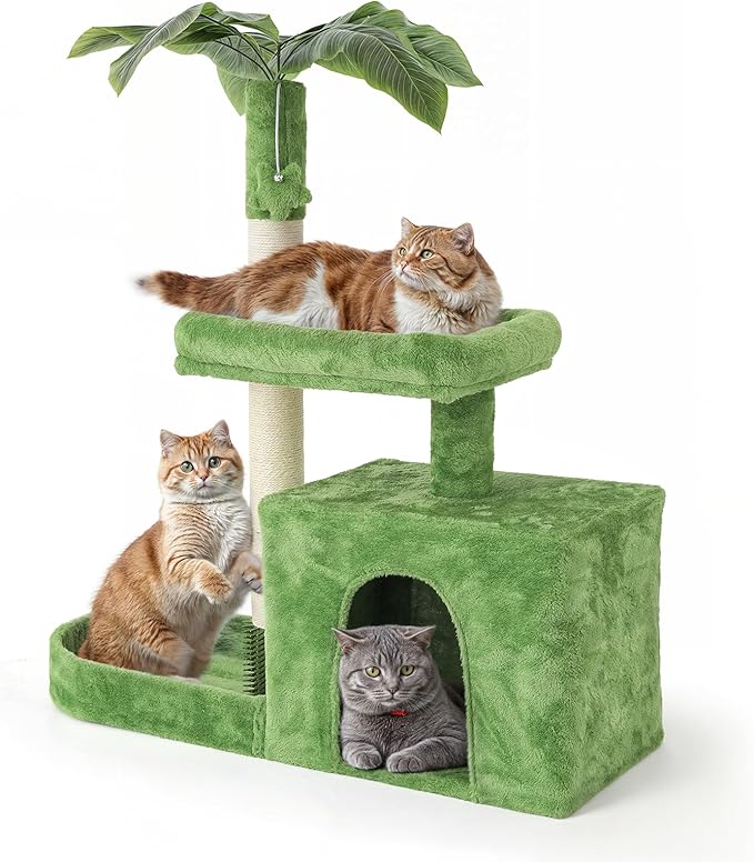 Magshion 32" Cat Tree for Kittens and Senior Cats, Leaf-Themed Small Cat Tower with Scratching Posts, Cozy Condo, Low Perch & Hanging Toys for Indoor Cats, Space-Saving Cat House, Green