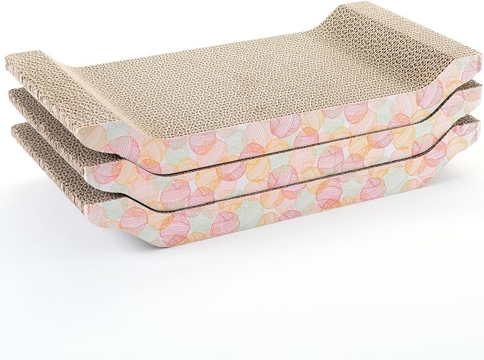 Zodaca Cat Scratcher Bed - Reversible Cardboard Cat Scratch Pad - Catnip Bed for Indoor Felines - Kitten Scratcher Lounger for Stretch & Relax - Pack of 3, 16.75 x 8 x 2.4 in
