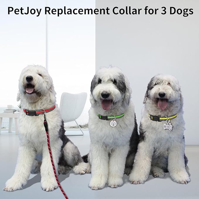 PetJoy 3-Pack Dog Collar - Quick-Release Buckle & D-Rings - Reflective Multi-Color (R/Y/G) - Adjustable 8-27" for Most E-Collars - Durable Waterproof Nylon