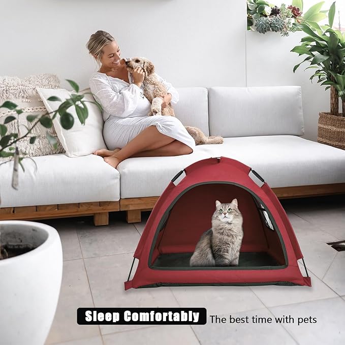 Open Design Pet Tent, Cozy Monitoring Bed for Cats & Puppies, Breathable Mesh Walls for Security & Ventilation, Indoor Outdoor Travel, Red