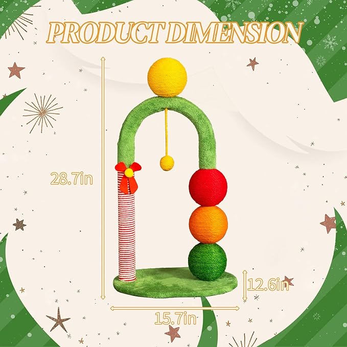 Christmas Cat Tree Tower with Scratching Post, 29 Inch Holiday Themed Cat Furniture with Candy Cane Striped Sisal Post, Dangling Toys, Plush Balls, 15.7x12.6x28.7 Inches