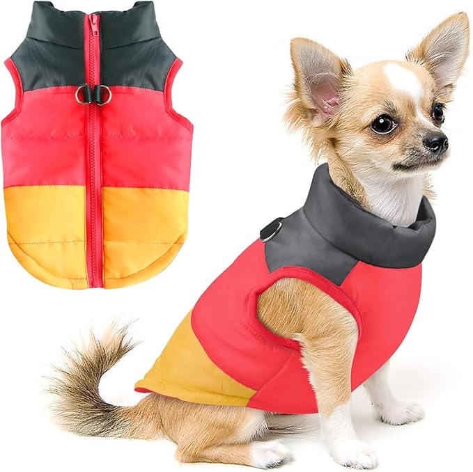 Idepet Pet Dog Cat Coat with Leash Anchor Color Patchwork Padded Puppy Vest Jacket Teddy Chihuahua Costumes Pug Cloth XS S M L(XX-Large,Yellow)