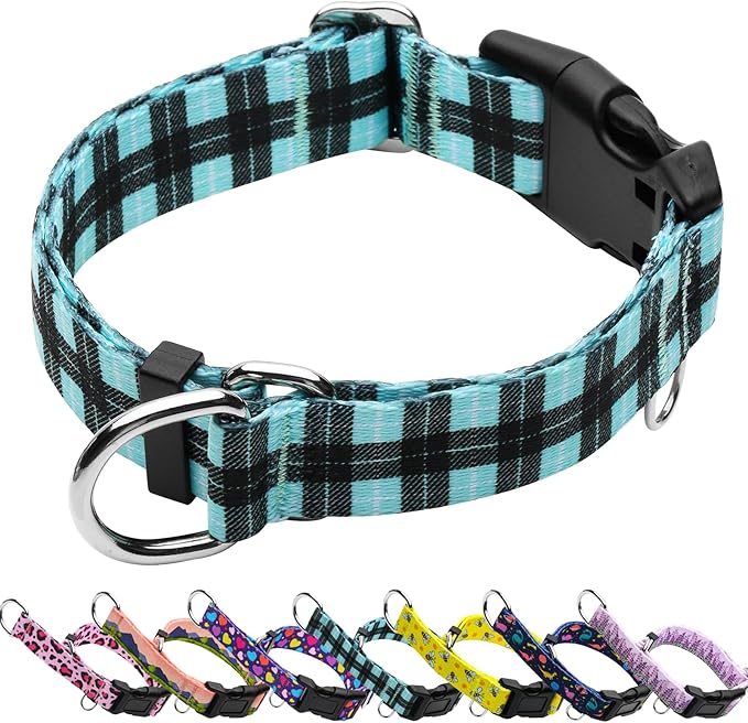 Martingale Collar for Dogs with Buckle No Pull Adjustable Nylon Limited Slip Training Dog Collars (Blue Plaid, Large)