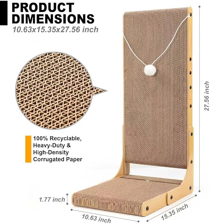 27.6 Inch Cat Scratching Post, Premium L-Shaped Cat Scratcher, Wall-Mounted Scratch Pad for Indoor Cats