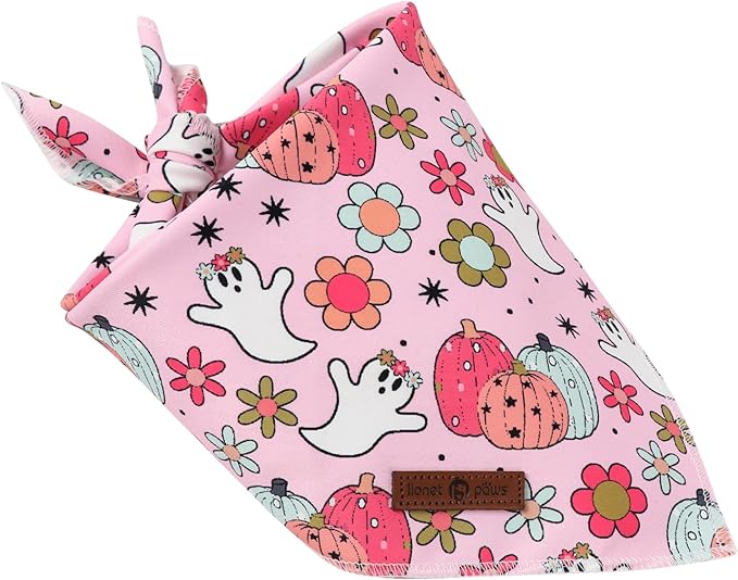 Lionet Paws Halloween Dog Bandana Washable Cotton Handkerchief Scarf Triangle Flower Ghost Pink Bandanas for Medium Large Dogs Girl