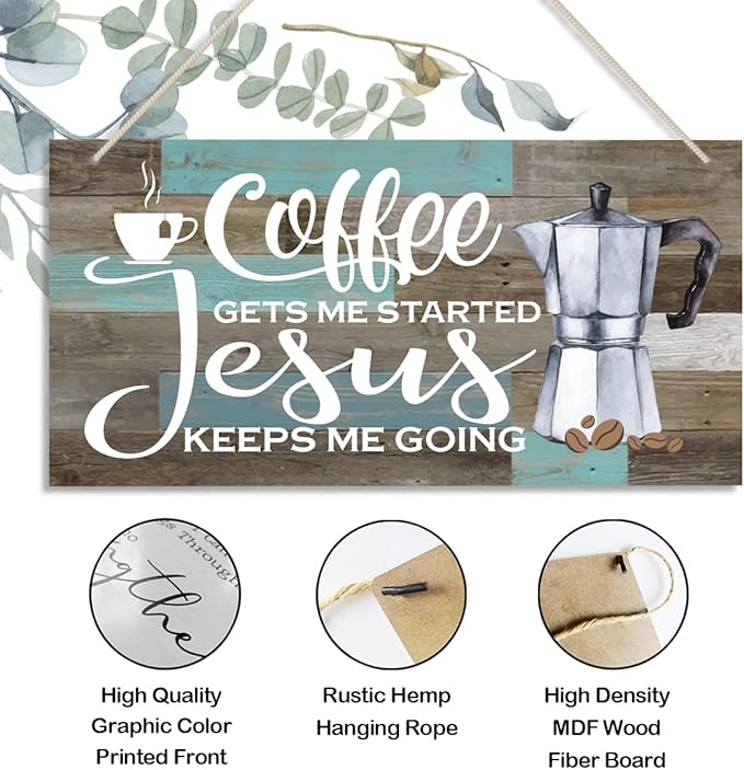 K7 Hanging Wooden Plaque Decor - Coffee Bar Sign, Jesus Keeps Me Going, Rustic Farmhouse Kitchen Wall Decor, 12x6 inch