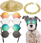 6PCS Pet Dog Cat Costume, Retro Pet Sunglasses, Adjustable Gold Chain Collar & Straw Hat, Funny Pet Accessories for Cat Puppy Small Medium Dog Birthday Cosplay Party