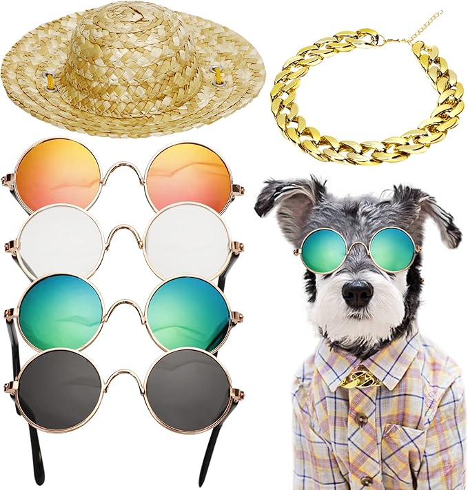 6PCS Pet Dog Cat Costume, Retro Pet Sunglasses, Adjustable Gold Chain Collar & Straw Hat, Funny Pet Accessories for Cat Puppy Small Medium Dog Birthday Cosplay Party