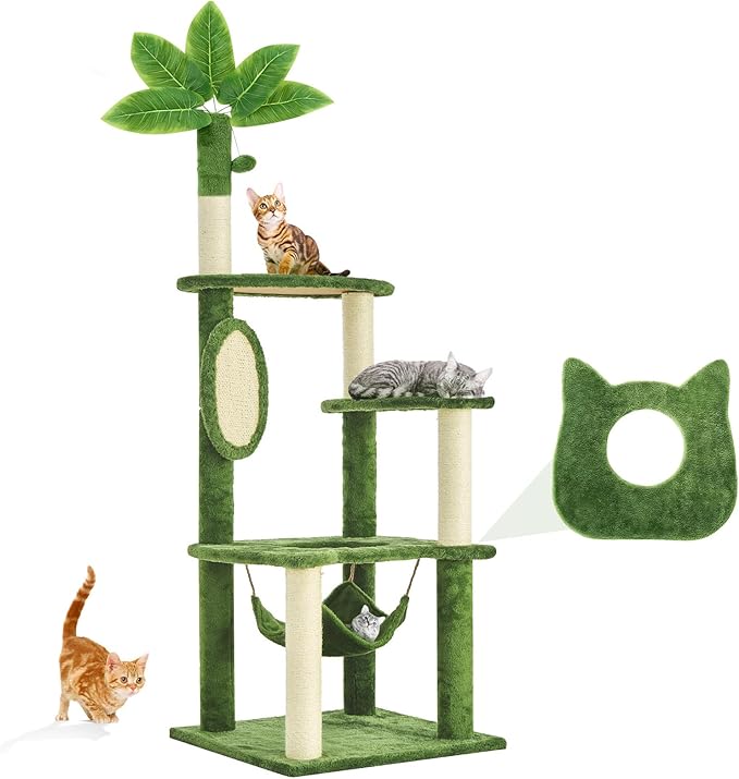 61-Inch Tall Cat Tree Tower with Scratching Post, Multi-Functional Cat Shaped Design Tower with Hammock, Scratcher, Pompoms, for Climbing, Lounging and Playing,Green