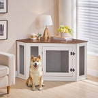 Corner Dog Crate Furniture, Wooden Dog Kennel End Table, Decorative Pet Crate Indoor Use, Furniture Style Dog House for Small Medium Dog, Dog Cage TV Stand, White and Walnut DCBA0801