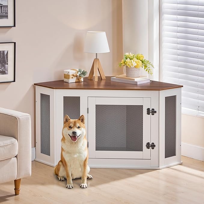 Corner Dog Crate Furniture, Wooden Dog Kennel End Table, Decorative Pet Crate Indoor Use, Furniture Style Dog House for Small Medium Dog, Dog Cage TV Stand, White and Walnut DCBA0801