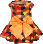 PUPTECK Plaid Dog Dress Pet Apparel for Autumn with Cute Bowtie Puppy Clothes Outfit, Maple Leaf, XS