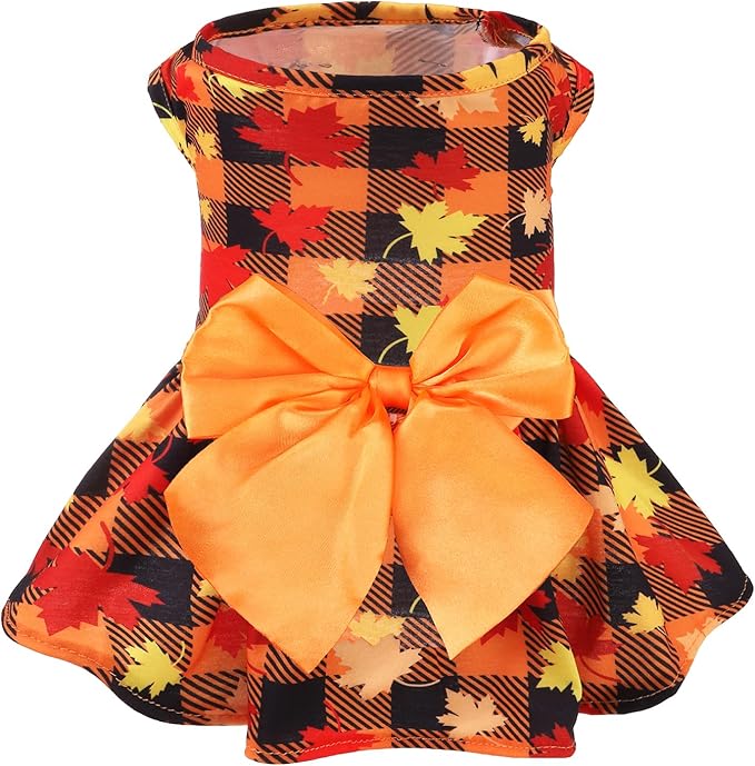 PUPTECK Plaid Dog Dress Pet Apparel for Autumn with Cute Bowtie Puppy Clothes Outfit, Maple Leaf, XS
