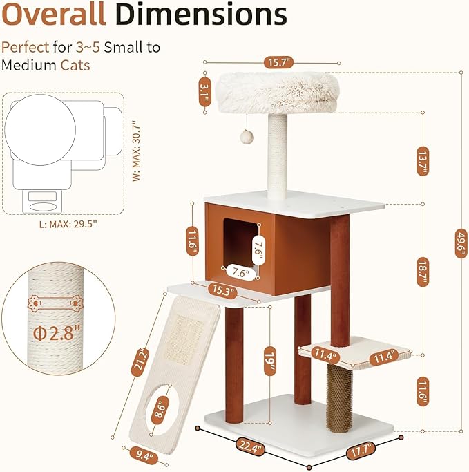 Modern Cat Tree for Large Cats - Multi-Level Activity Center with Sisal Scratching Posts, Plush Perch, Enclosed Condo & Hanging Toy, Sturdy Wood Design for Indoor Use (M)