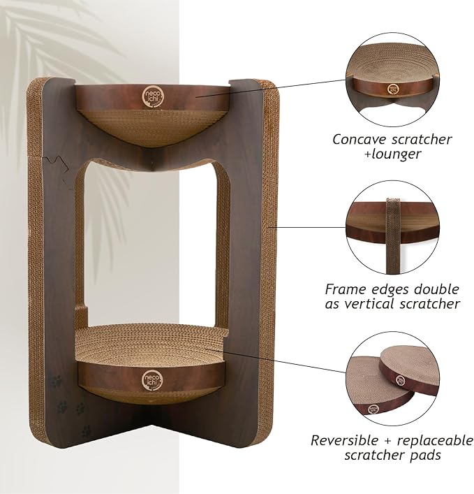 Necoichi Cat Scratcher Tower for Indoor Cats - Cat Scratching Post Lounger with Reversible Usability and Extra Comfort for Lounge, Cardboard Bed Couch / (Regular, Dark Cherry)