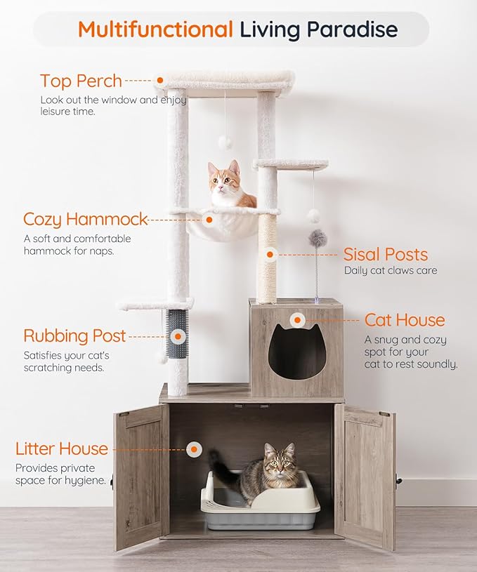 HOOBRO Cat Tree with Litter Box Enclosure, Tall Cat Tower for Indoor Cats, All-in-One Modern Cat Condo, Hidden Litter Box Enclosure Furniture, with Cat House, Sisal Posts, Greige and White BG51MZ03
