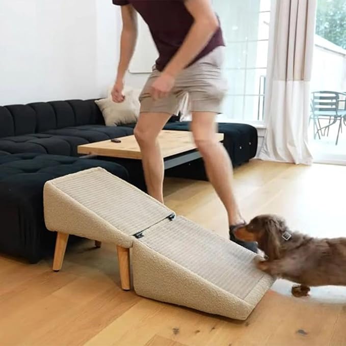 Dog ramp Steps for Couch, 18" Wide All-in-one Split Ottoman Dog ramp for Bed, Couch Height, Solid Wood, Gentle 23 Incline, pet ramp for Large and Small Dogs (Khaki, M)