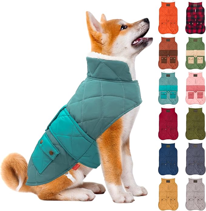 KYEESE Dog Coat Windproof Dog Coats for Small Dogs Waterproof Dogs Jacket with Fleece Lined Thick Cat Clothes with Pocket Warm Pet Winter Puffer Coat with Leash Hole Soft Pet Sweater for Cold Weather