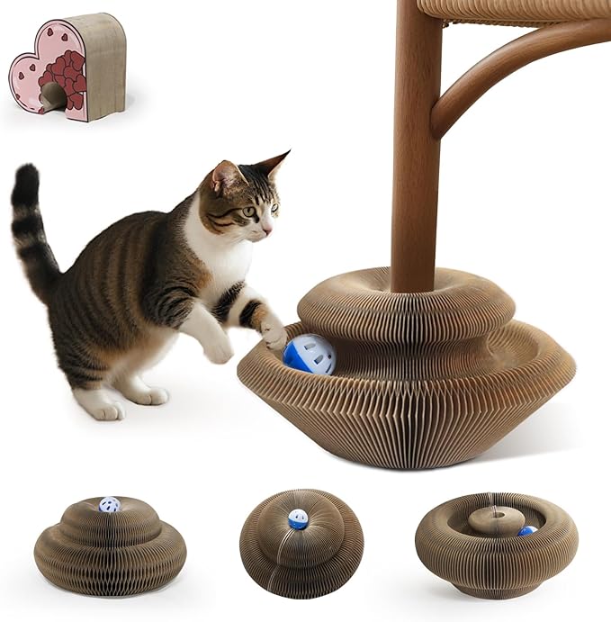Kitty kurlz cat Toy Magic Organ Cat Scratching Board with Bell Ball,Foldable Accordion Kitty Curls Cat Scratcher,marlenes Kitty kurlz Interactive Toy for Indoor Cats,Pink