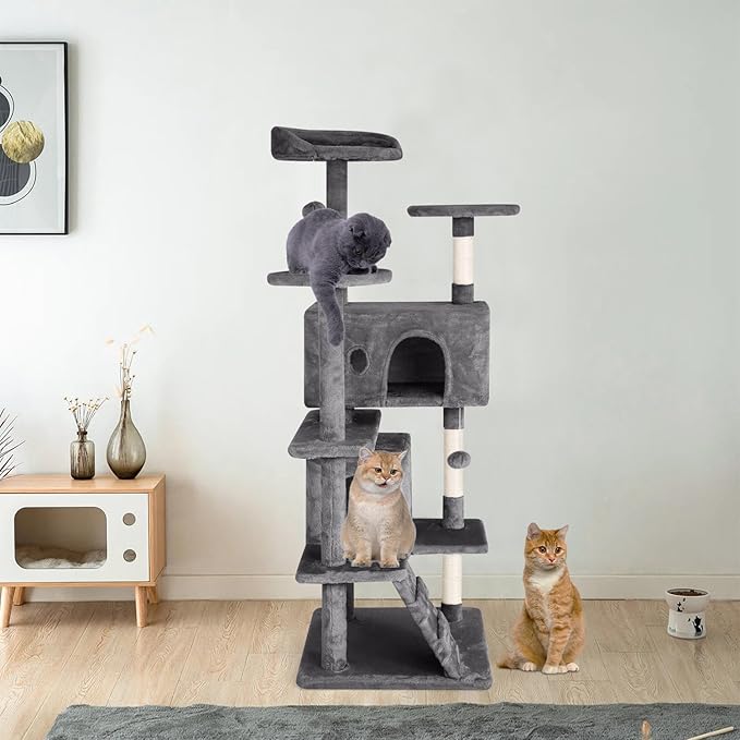 Cat Tree 53 inches Cat Tower for Indoor Cats Cat House with Replaceable and Removable Dangling Ball Cat Trees and Towers with Funny Toys, Light Gray