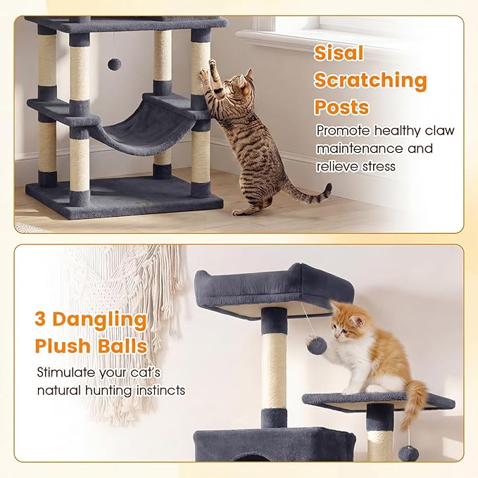 PETSITE 80-inch Tall Modern Cat Tree, Multi-Level Cat Tower with 2 Comfy Condos, Sisal Scratching Posts, Side Basket, Snug Hammock, and Dangling Balls, Ideal for Indoor Cats and Kittens (Dark Grey)