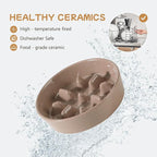 Ceramic 0.9 Cup Raised Slow Feeder Dog Bowl Set, Elevated 6.1inch Slow Dish and 6.1inch Water Bowl with Wooden Stand for Small Dogs (2 x Brown Coffee+ Stand)